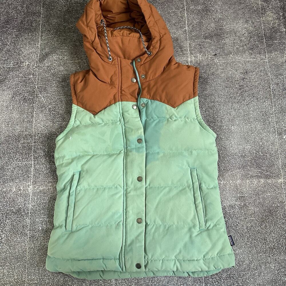 Women's Patagonia Bivy Down Mogul Blue Teal Brown Hooded Puffer Vest Jacket Sz S